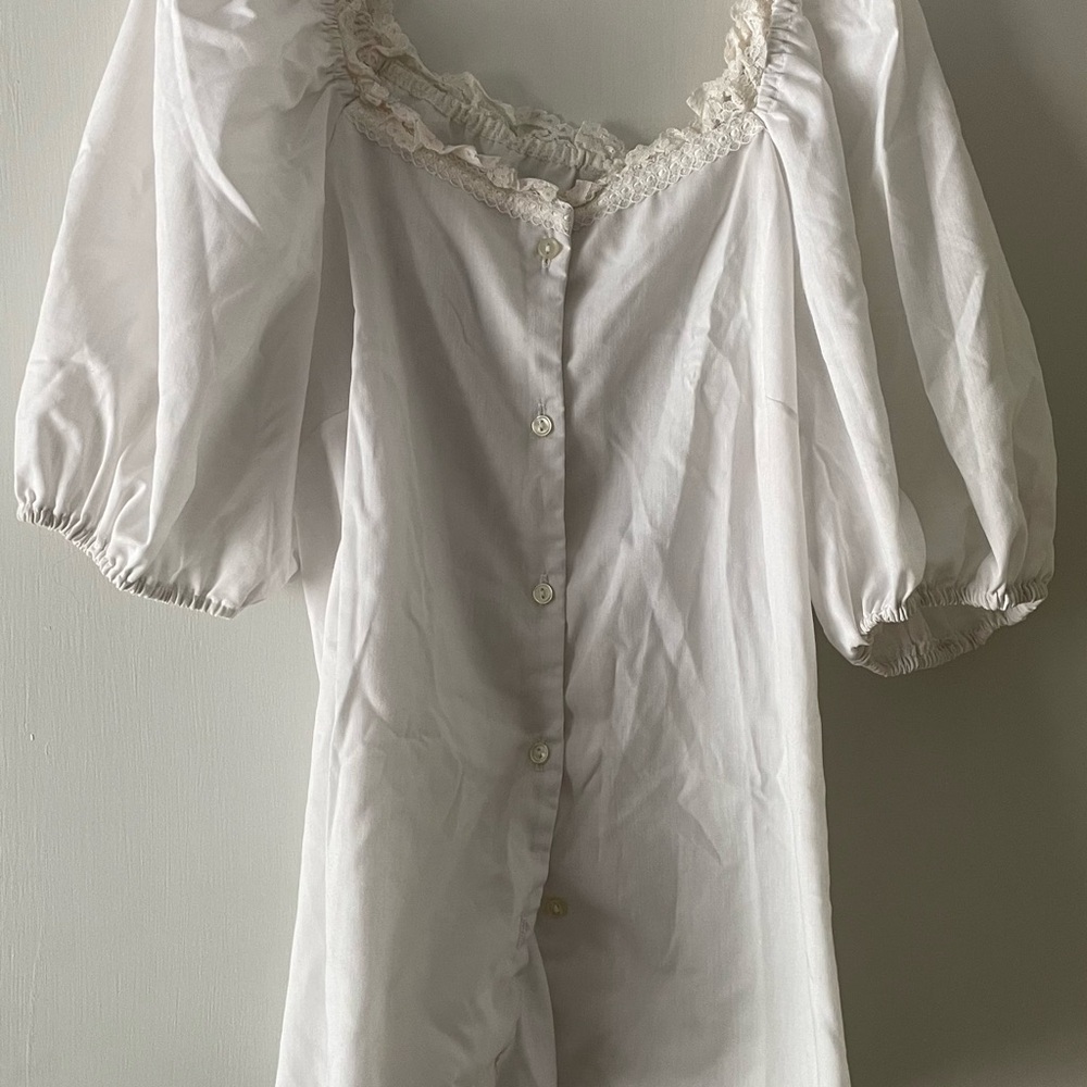 White Button-Up Blouse with Lace Trim